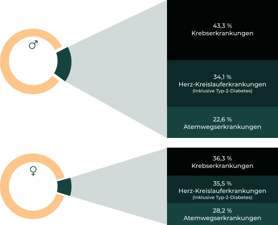 43,3 % Krebserkrankungen 34,1 % Herz-Kreislauferkrankungen (Inklusive Typ-2-Diabetes) 22,6 % Atemwegserkrankungen 36,3 % Krebserkrankungen 35,5 % Herz-Kreislauferkrankungen (Inklusive Typ-2-Diabetes) 28,2 % Atemwegserkrankungen